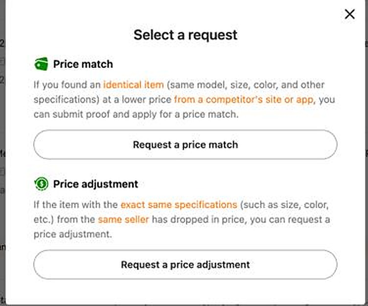 Temu's Select a request screen showing the Request a price adjustment button below Request a price match