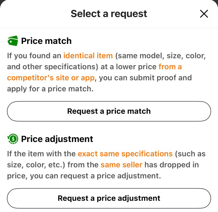 Temu Select a request menu on a UK account with two options: Request a price match, for an identical item cheaper on a competitor site or app, and Request a price adjustment, for a price drop from the same seller