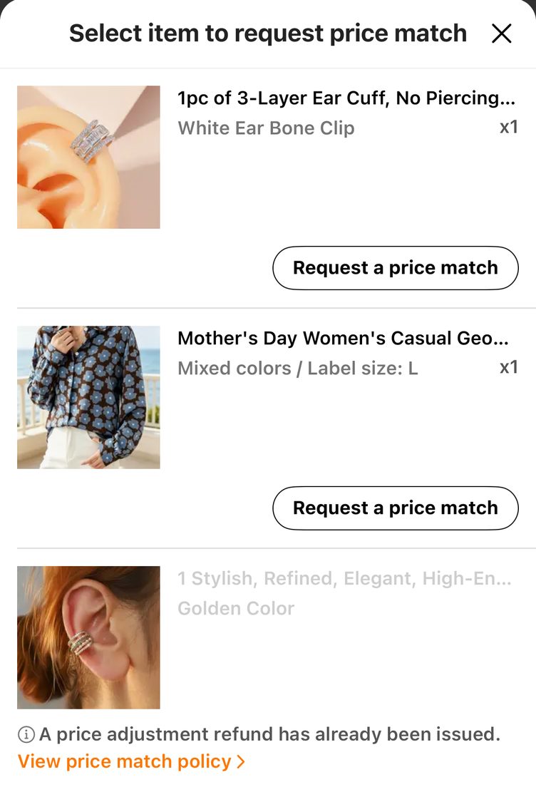 Temu UK Select item to request price match list: two items with a Request a price match button and a third item greyed out with the note A price adjustment refund has already been issued